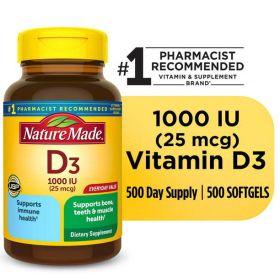 Nature Made Vitamin D3 1000 IU (25 mcg) Softgels;  Bone and Immune Support;  500 Count - Nature Made
